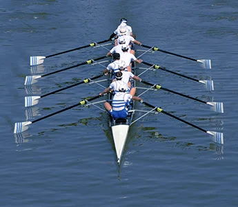 A high performance rowing team looking the part and in unison.